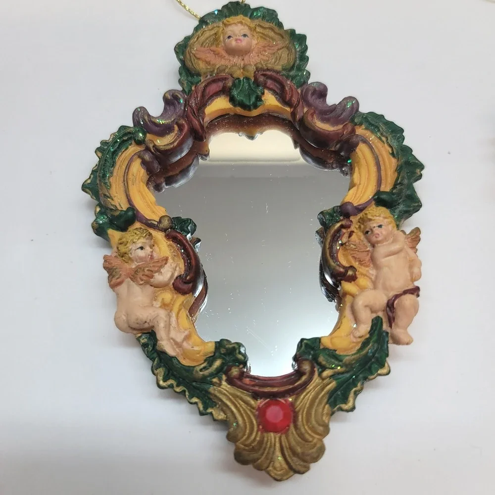 Vintage Cherub Angel Mirror Ornaments Set of 4 Victorian Gold Resin Christmas